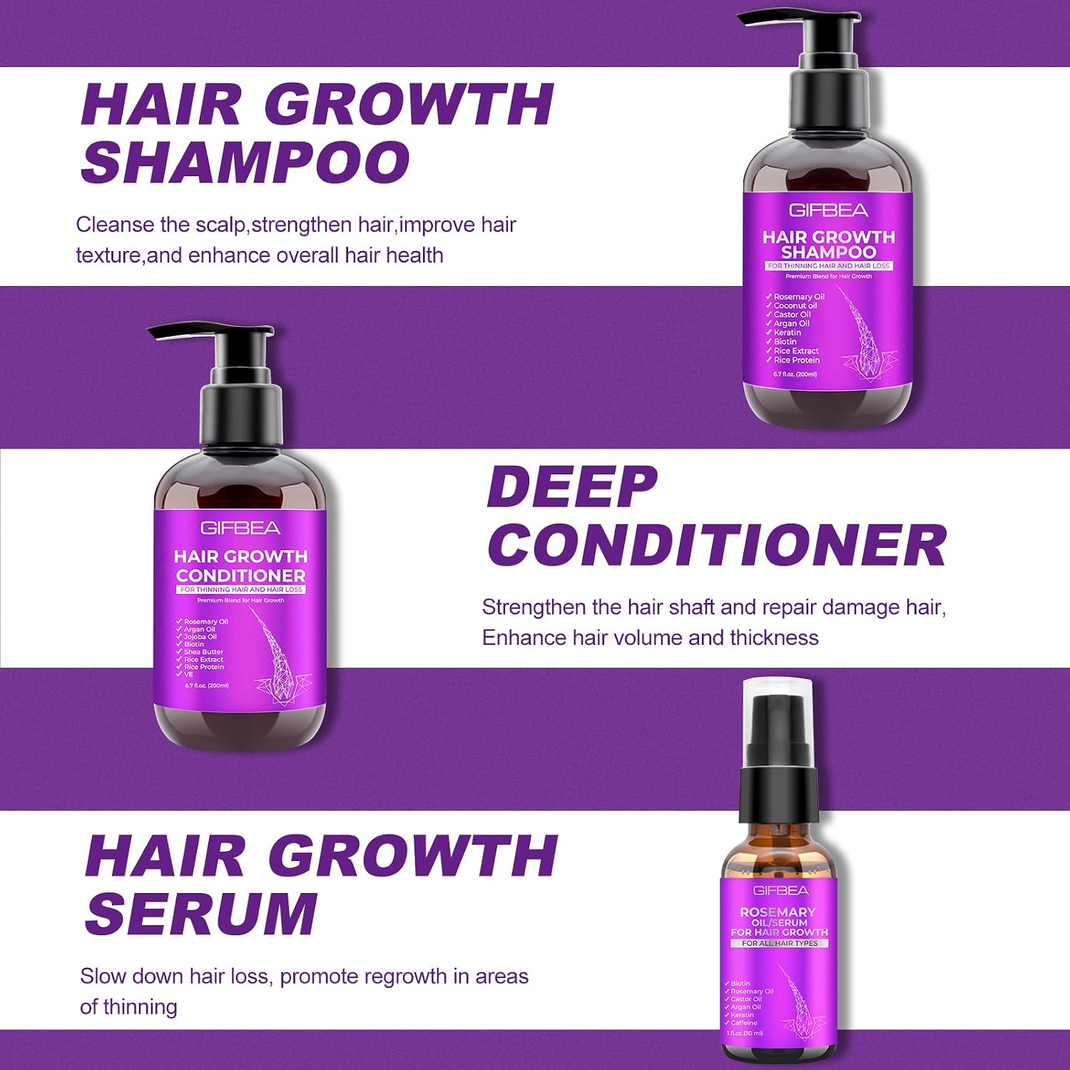 Rosemary + Biotin 3 Piece Hair Care Set l Shampoo, Conditioner & Serum 