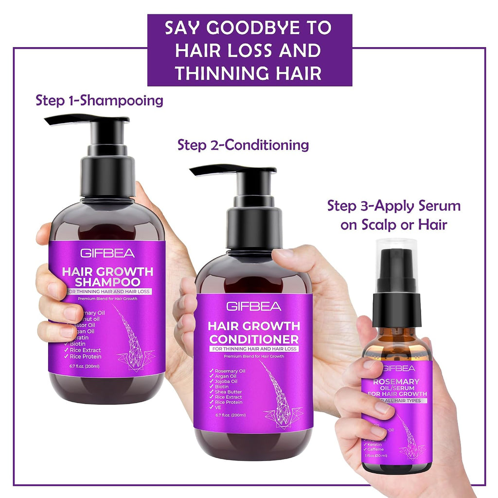 Rosemary + Biotin 3 Piece Hair Care Set l Shampoo, Conditioner & Serum 