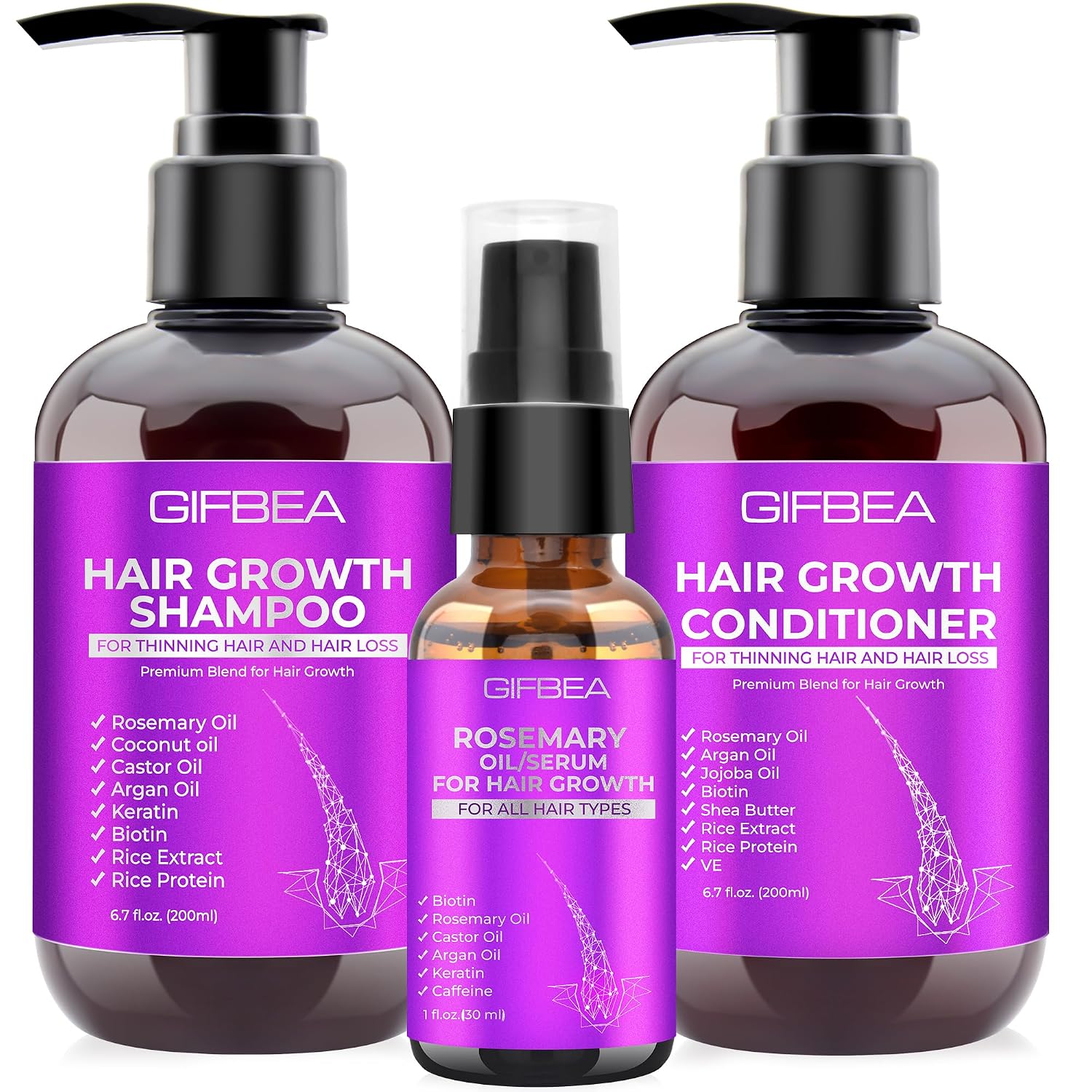 Rosemary + Biotin 3 Piece Hair Care Set l Shampoo, Conditioner & Serum 